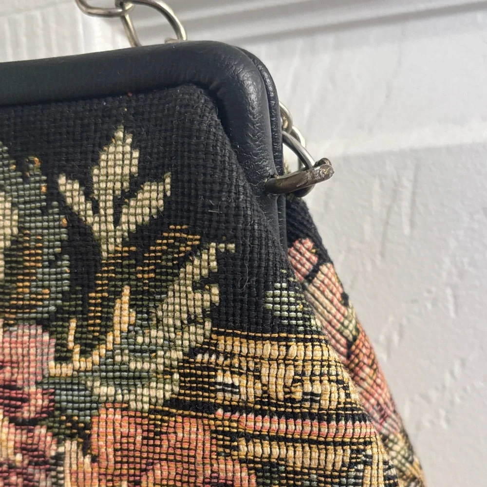 Vintage Needlepoint Floral Tapestry Evening Bag - Black and Pink w/gold hardware